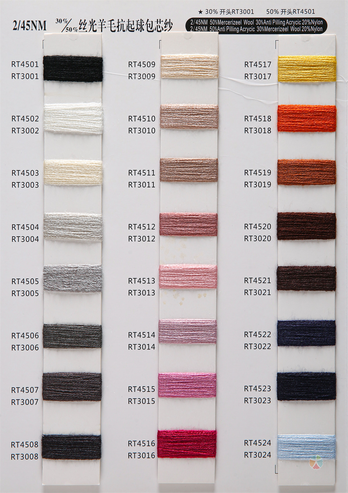 2/45NM 30%/50%丝光羊毛抗起球包芯纱