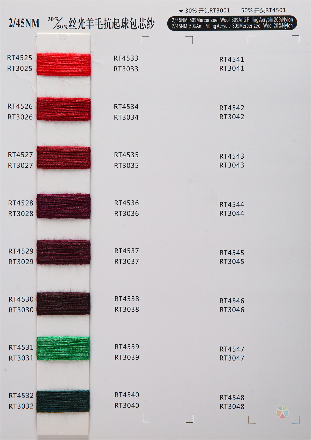 2/45NM 30%/50%丝光羊毛抗起球包芯纱