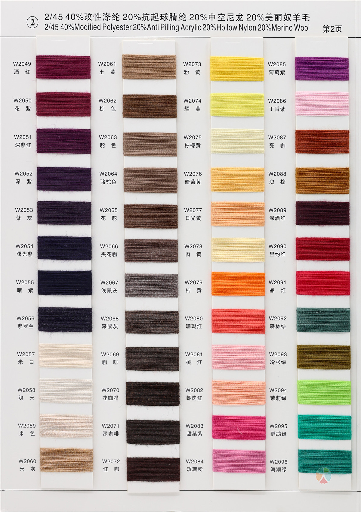 2）2/45NM 40%改性涤纶20%抗起球腈纶 20%中空尼龙20%美丽奴羊毛