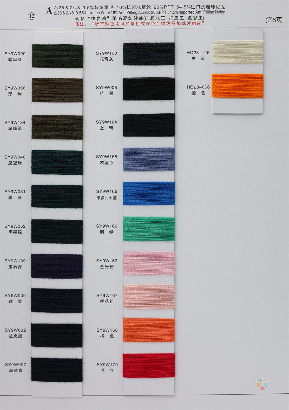 12）2/28NM & 2/48NM 9.5%超细羊毛 16%抗起球睛纶 20%PPT 54.5%进口抗起球尼龙