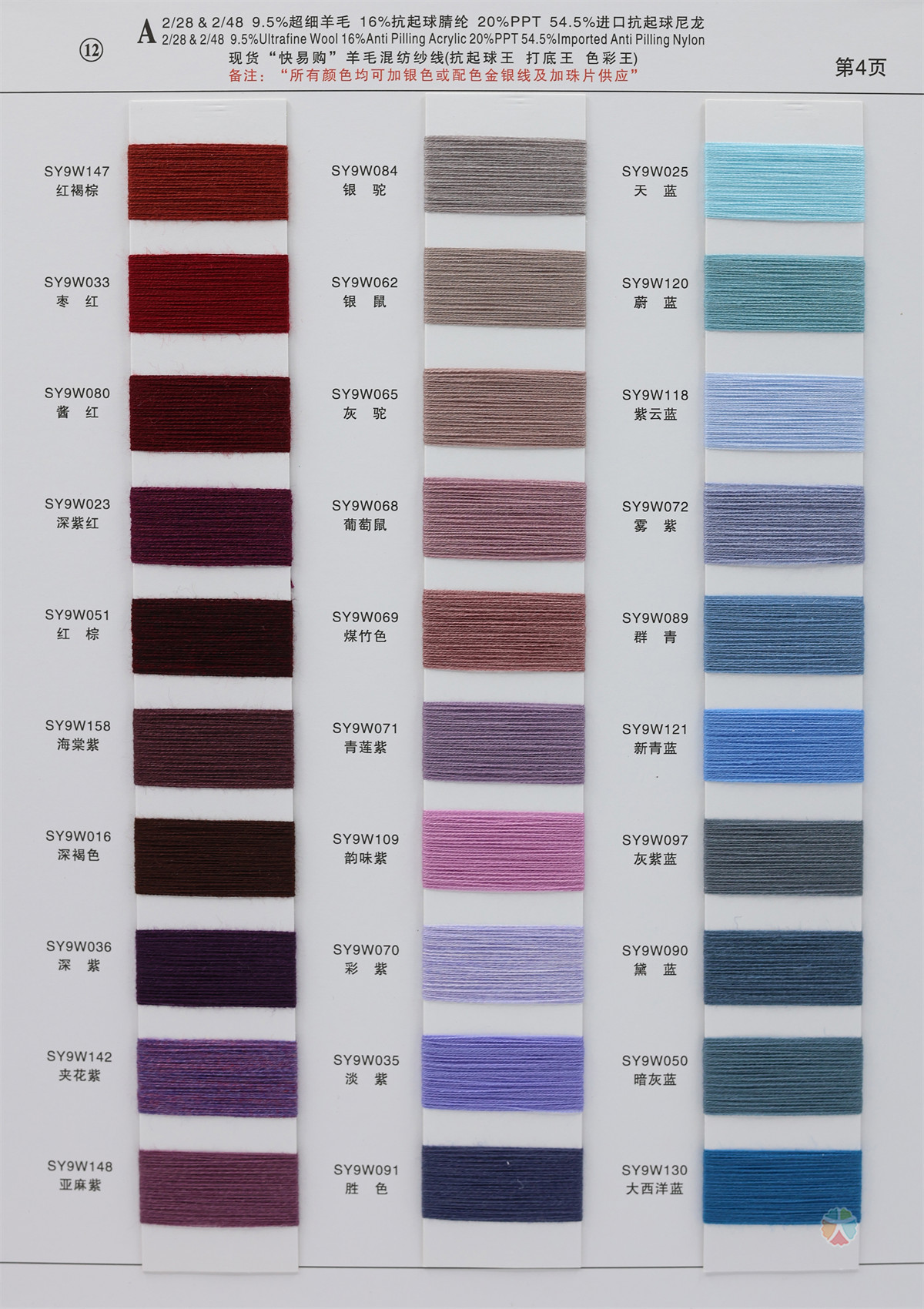 12）2/28NM & 2/48NM 9.5%超细羊毛 16%抗起球睛纶 20%PPT 54.5%进口抗起球尼龙