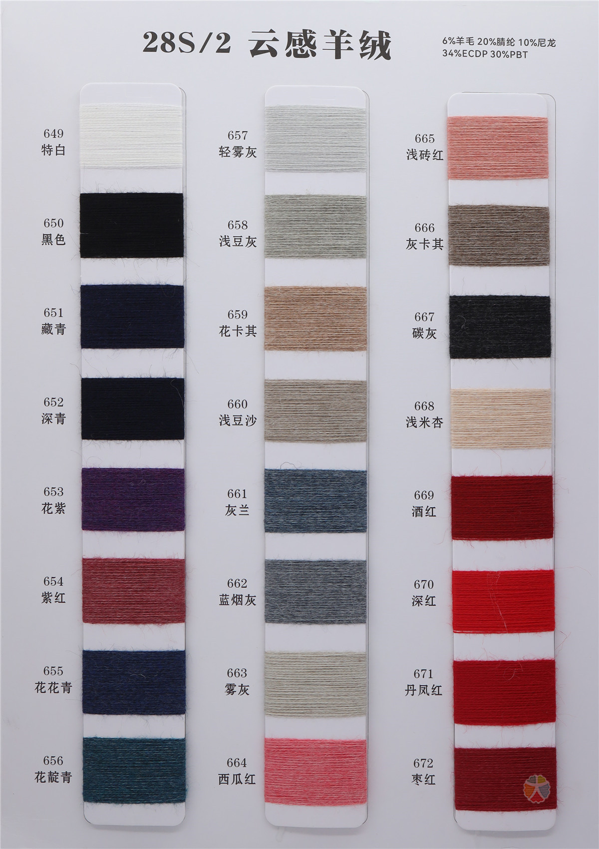 28S/2 6%wool 20%acrylic 10%nylon 34%ECDP 30%PBT