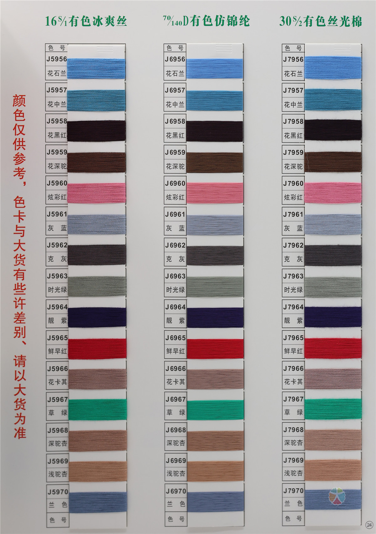 16S/1 有色冰爽丝 70/140D有色仿锦纶 30S/2 有色丝光棉