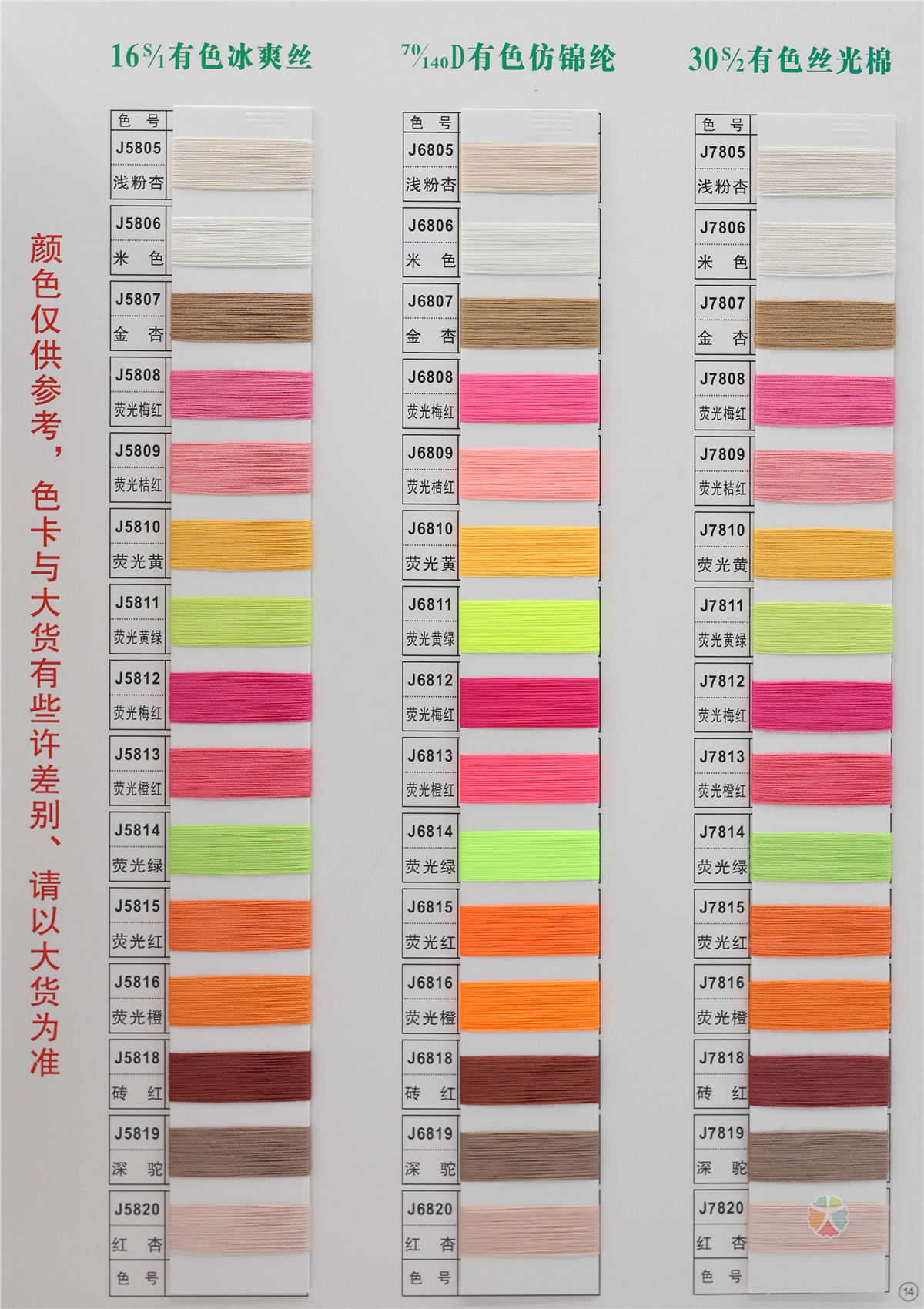 16S/1 有色冰爽丝 70/140D有色仿锦纶 30S/2 有色丝光棉