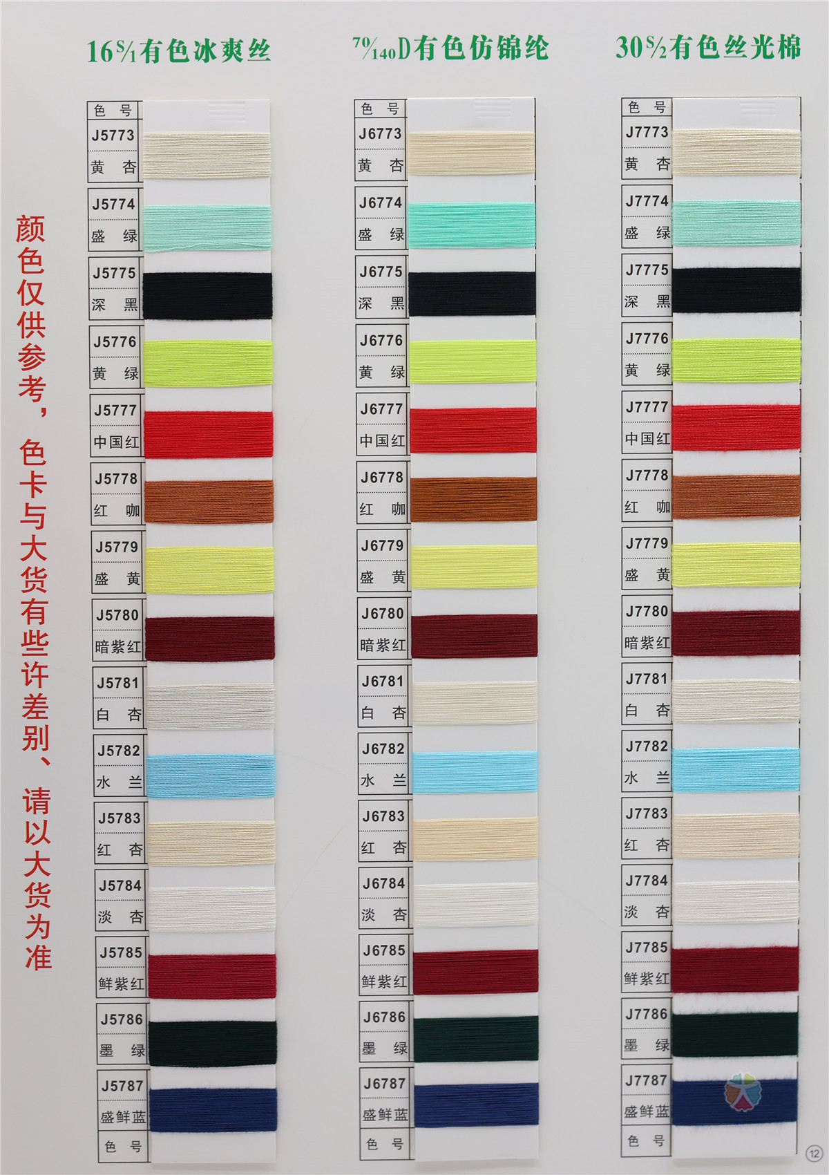 16S/1 有色冰爽丝 70/140D有色仿锦纶 30S/2 有色丝光棉