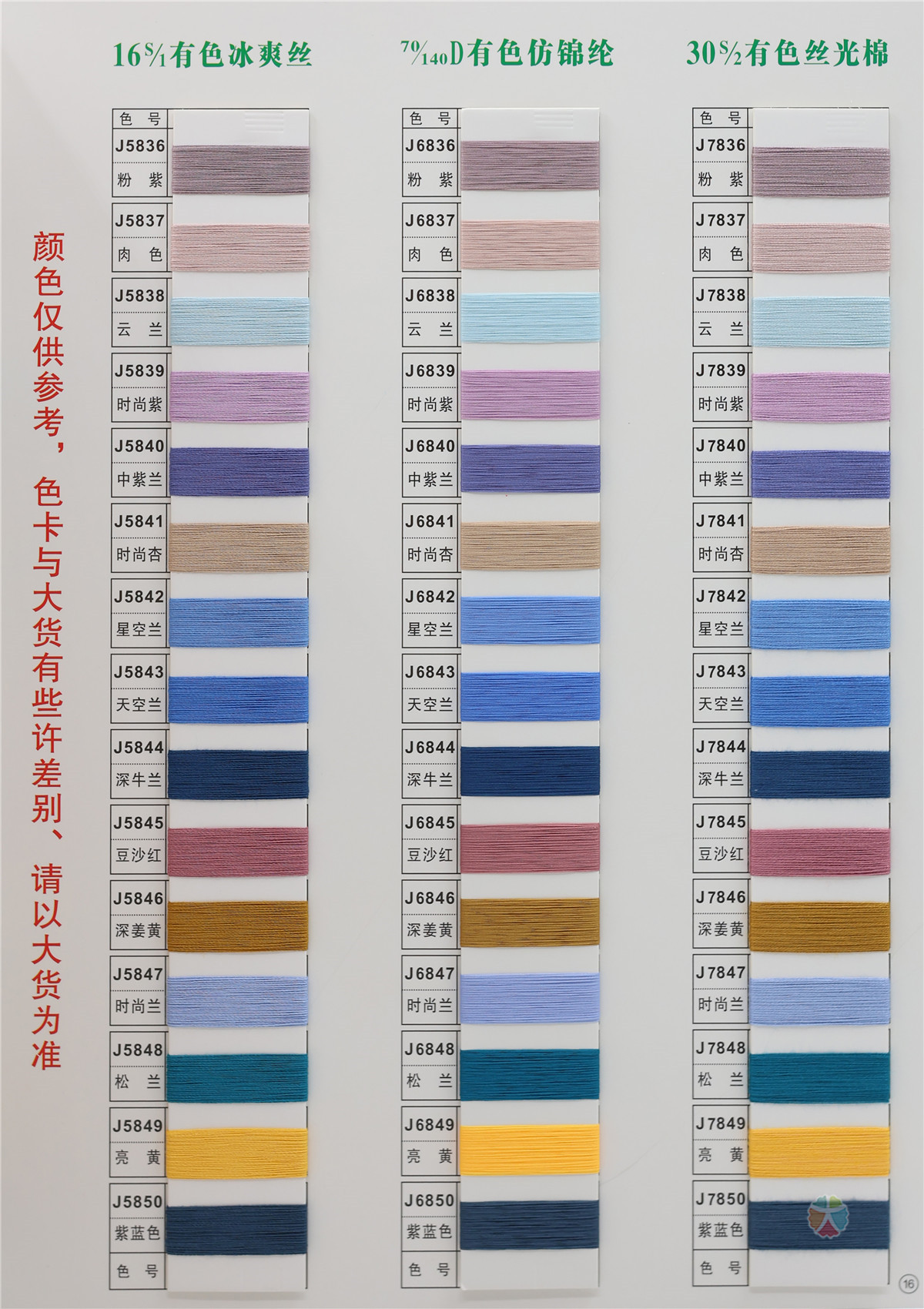 16S/1 有色冰爽丝 70/140D有色仿锦纶 30S/2 有色丝光棉