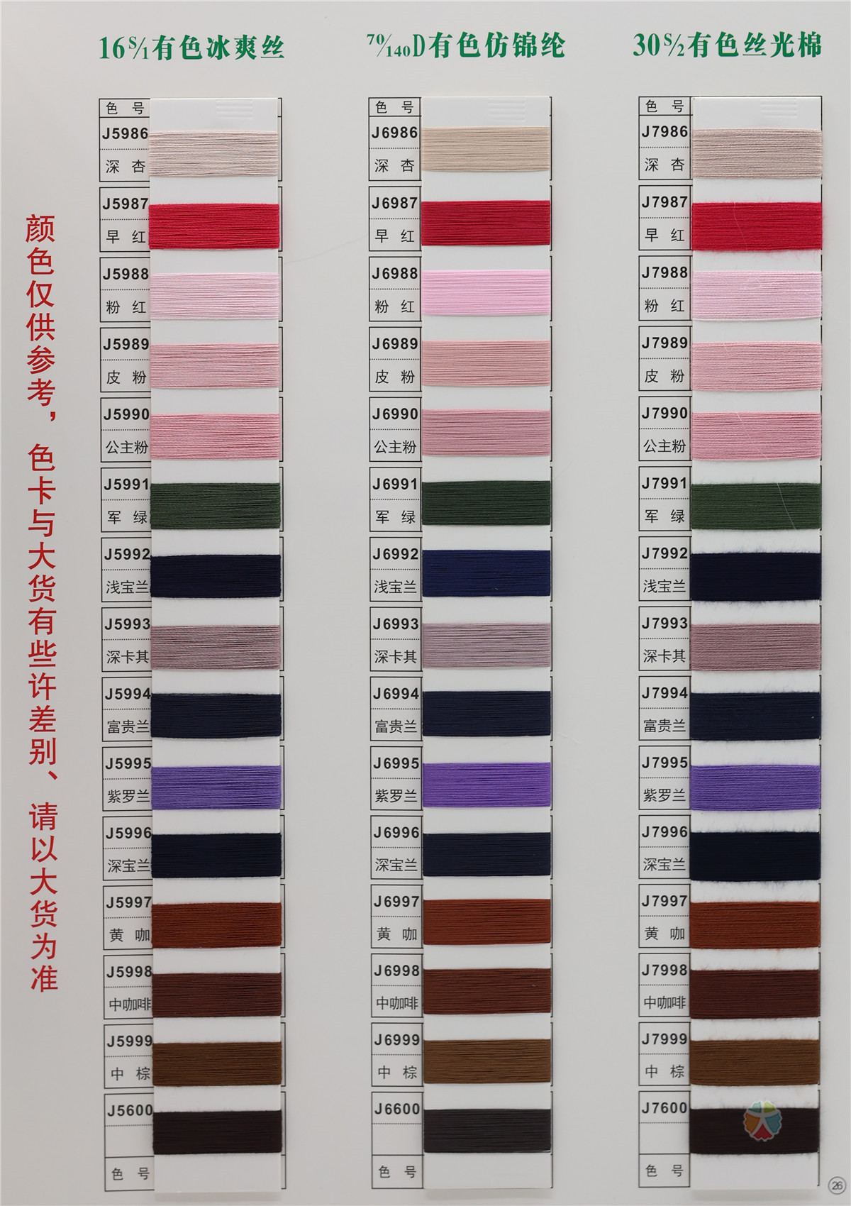 16S/1 有色冰爽丝 70/140D有色仿锦纶 30S/2 有色丝光棉