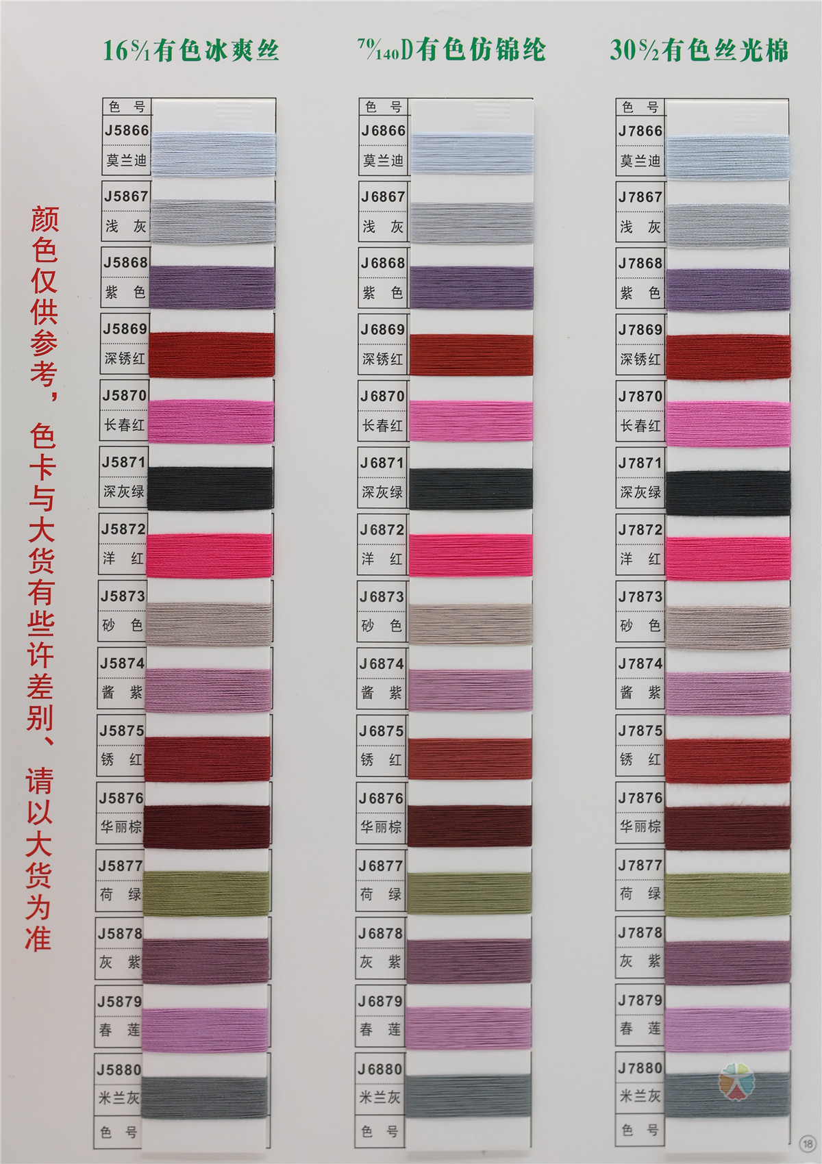 16S/1 有色冰爽丝 70/140D有色仿锦纶 30S/2 有色丝光棉