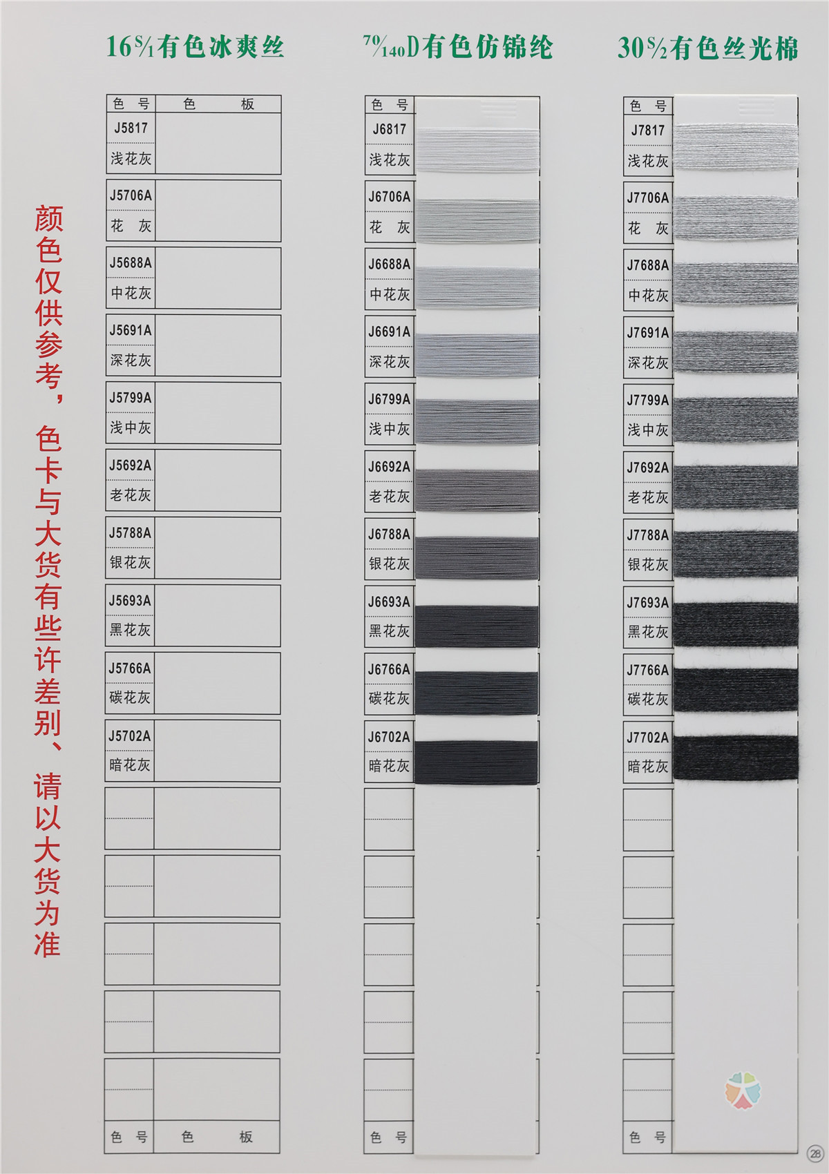 16S/1 有色冰爽丝 70/140D有色仿锦纶 30S/2 有色丝光棉