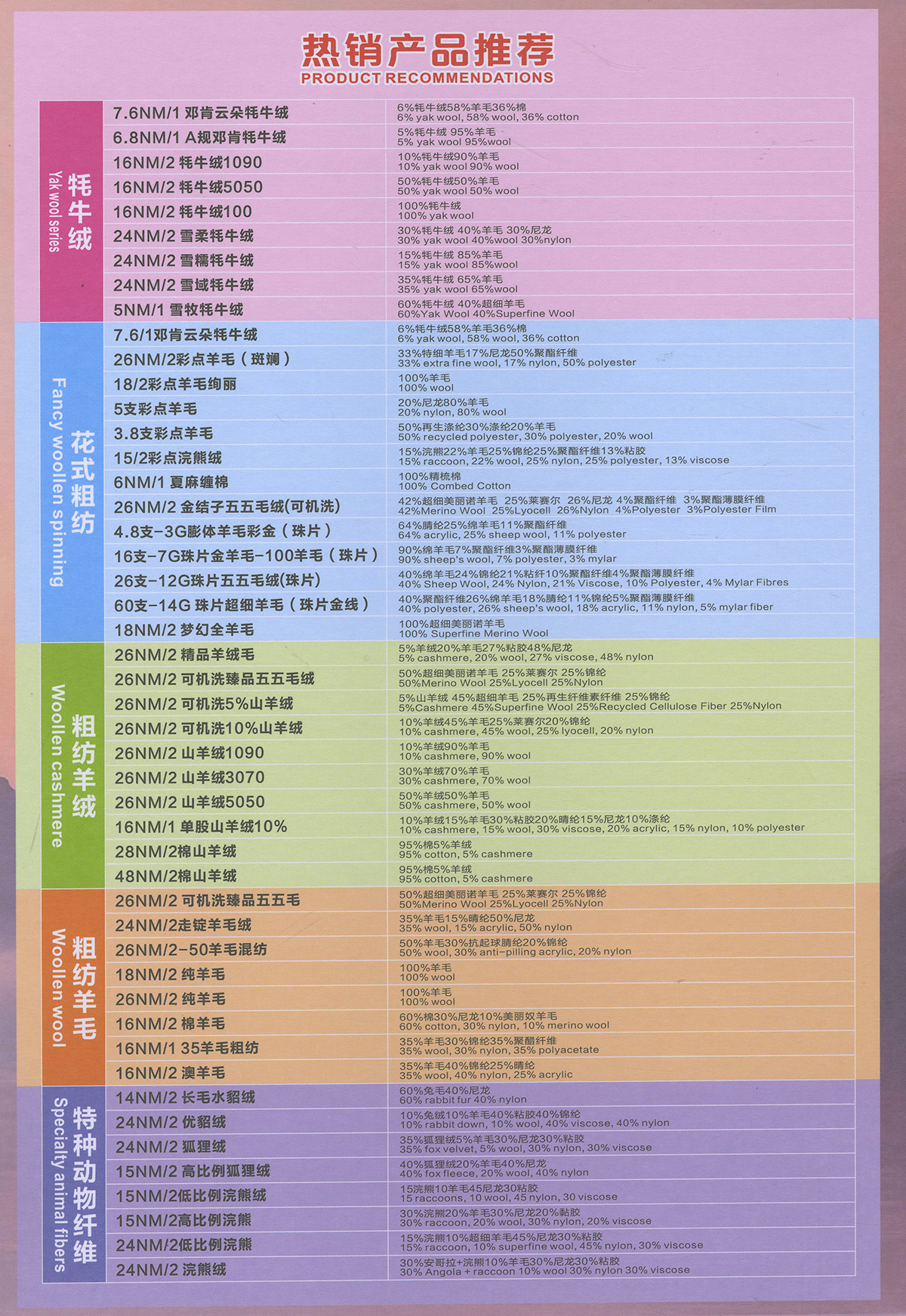 雪绒牦牛绒 成分： 33%牦牛绒 32%超细美丽奴羊毛 35%尼龙 支数： 1/26NM