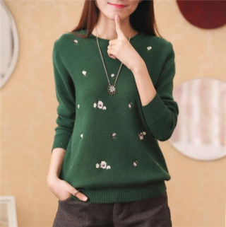小花刺绣圆领针织衫
