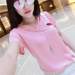 12针草莓图案刺绣后背爱心圆领针织短袖T恤