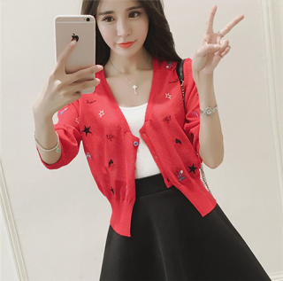 超薄外搭刺绣七分袖针织开衫