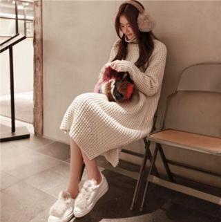 秋冬季加厚高领套头宽松长款开叉粗针连衣裙
