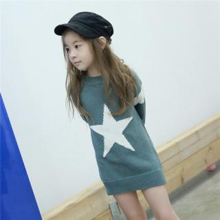 女童中长款五角星图案宽松毛衣连衣裙