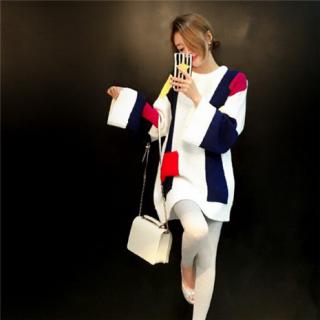 秋冬新款韩版几何多色拼接中长款套头毛衣