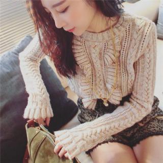 华丽宫廷风浅咖色夹花针织荷叶边套头短毛衣